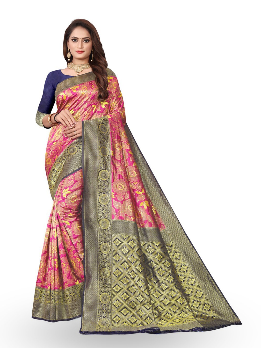 

ZEEPKART Floral Woven Design Zari Kanjeevaram Saree, Pink