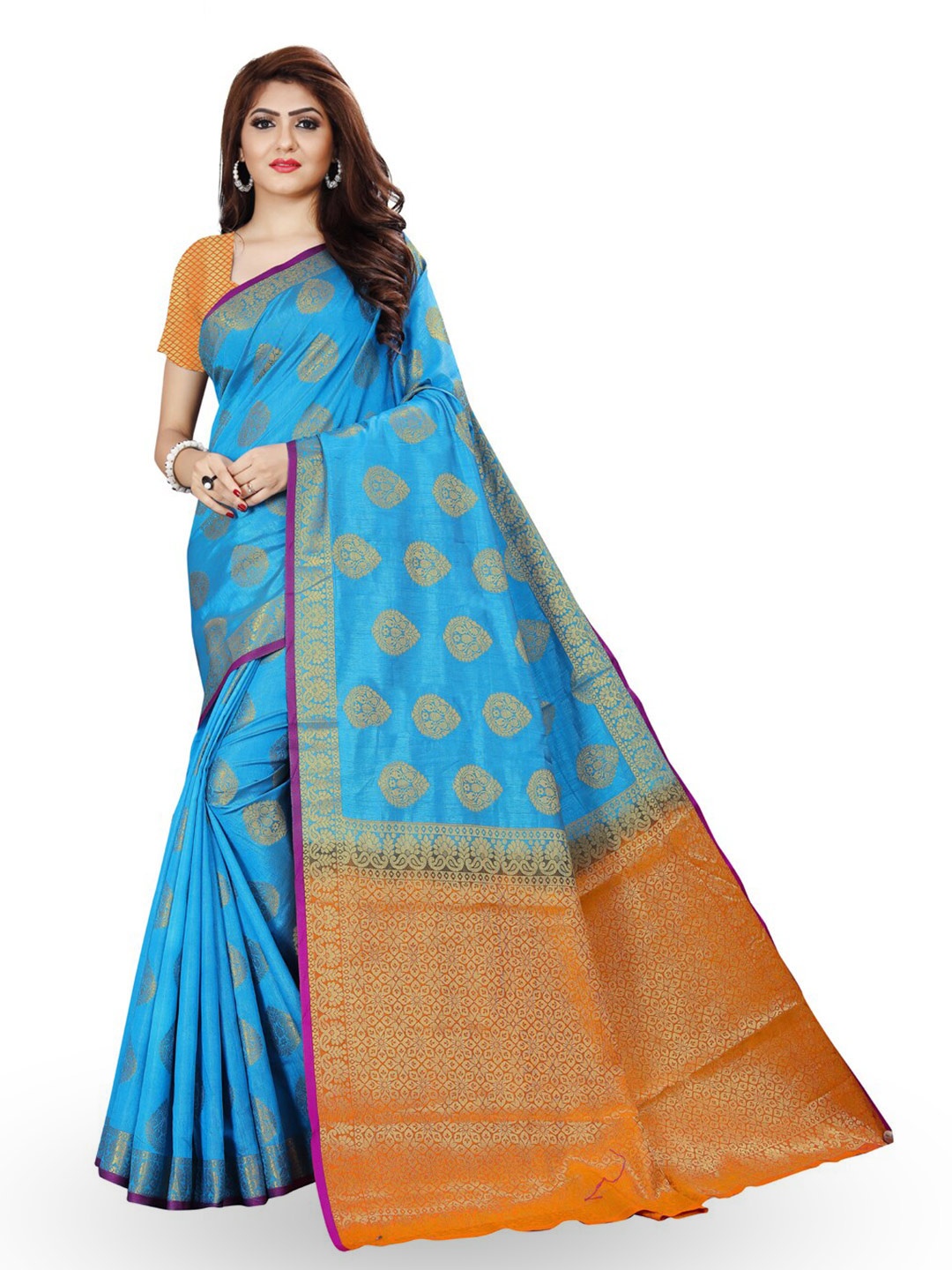 

ZEEPKART Ethnic Motifs Woven Design Zari Kanjeevaram Saree, Blue