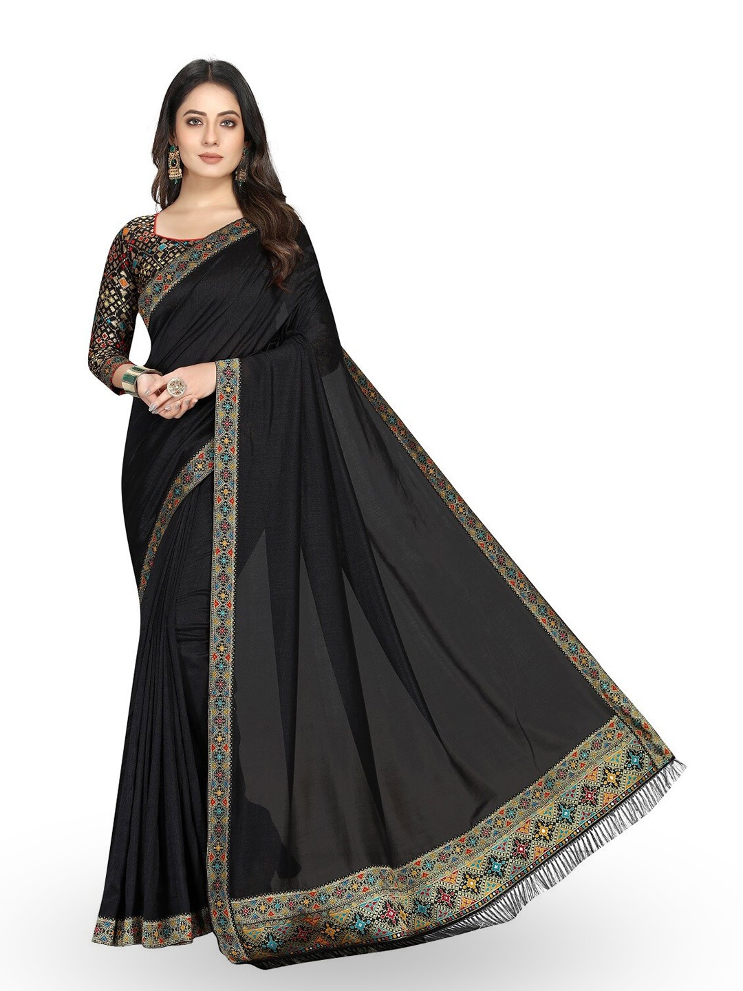 

ZEEPKART Solid Ethnic Printed Border Saree, Black