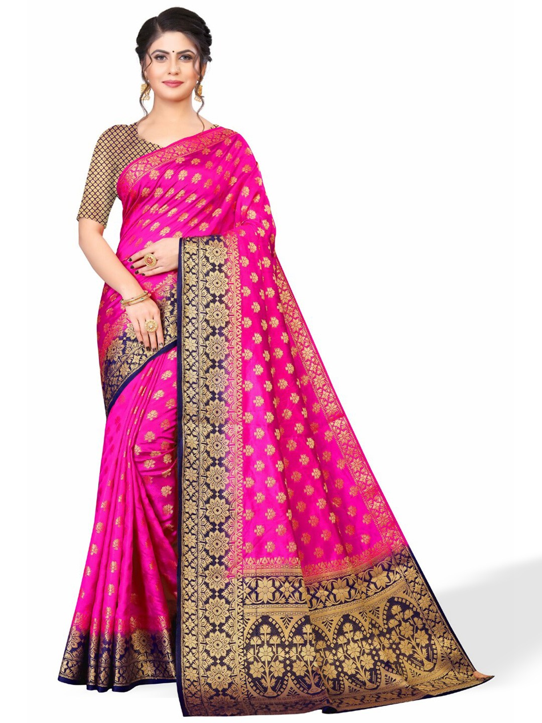 

ZEEPKART Woven Design Floral Printed Zari Kanjeevaram Saree, Pink