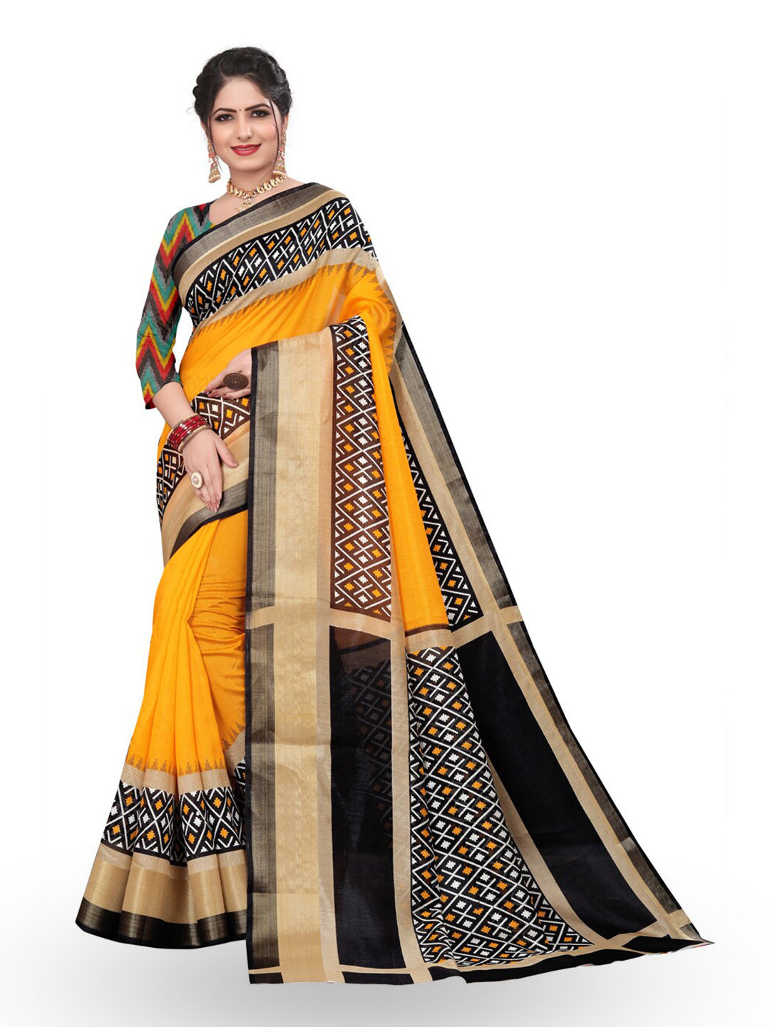 

ZEEPKART Geometric Printed Border Banarasi Solid Saree, Gold