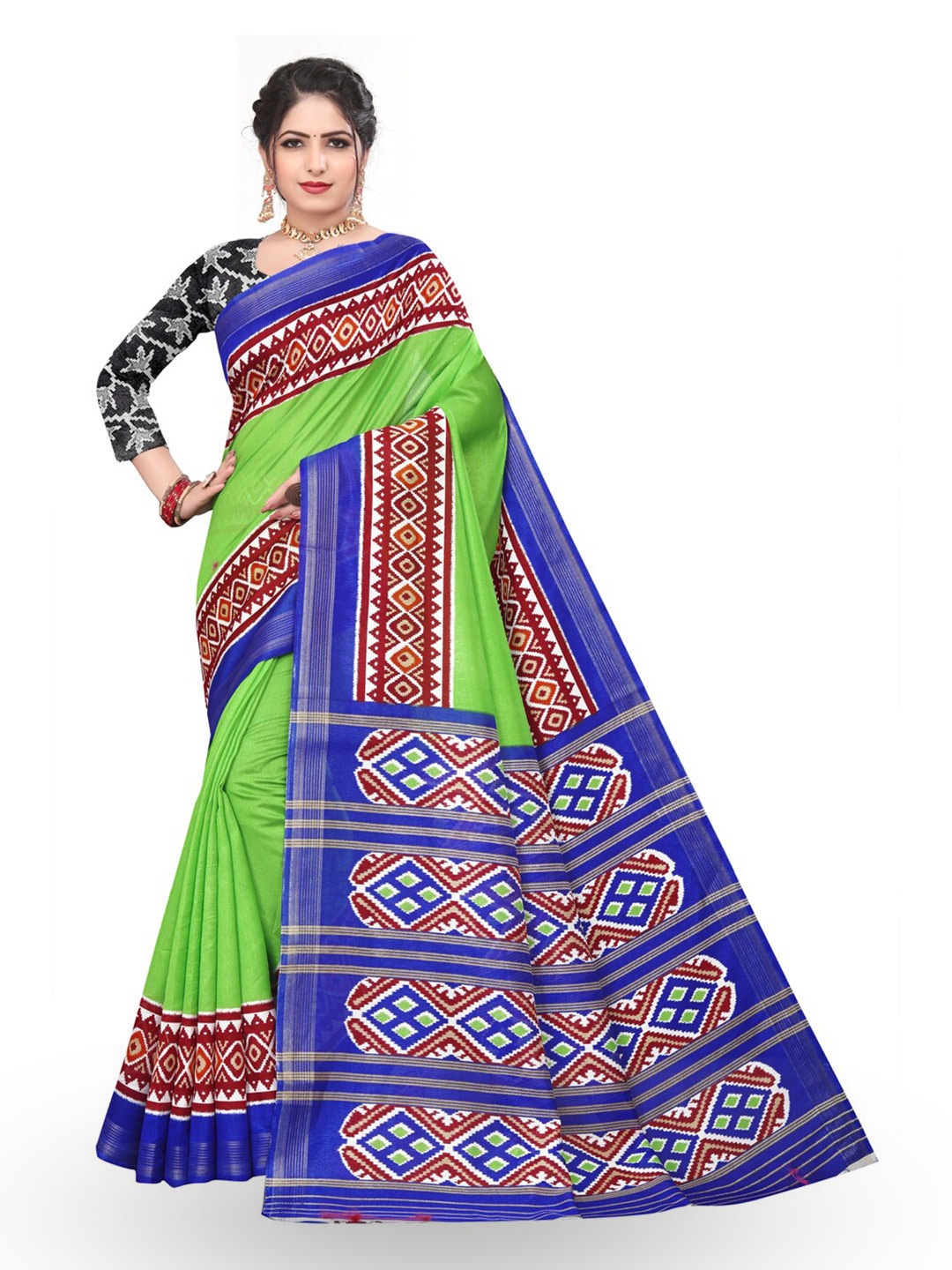 

ZEEPKART Geometric Printed Poly Silk Kanjeevaram Saree, Green