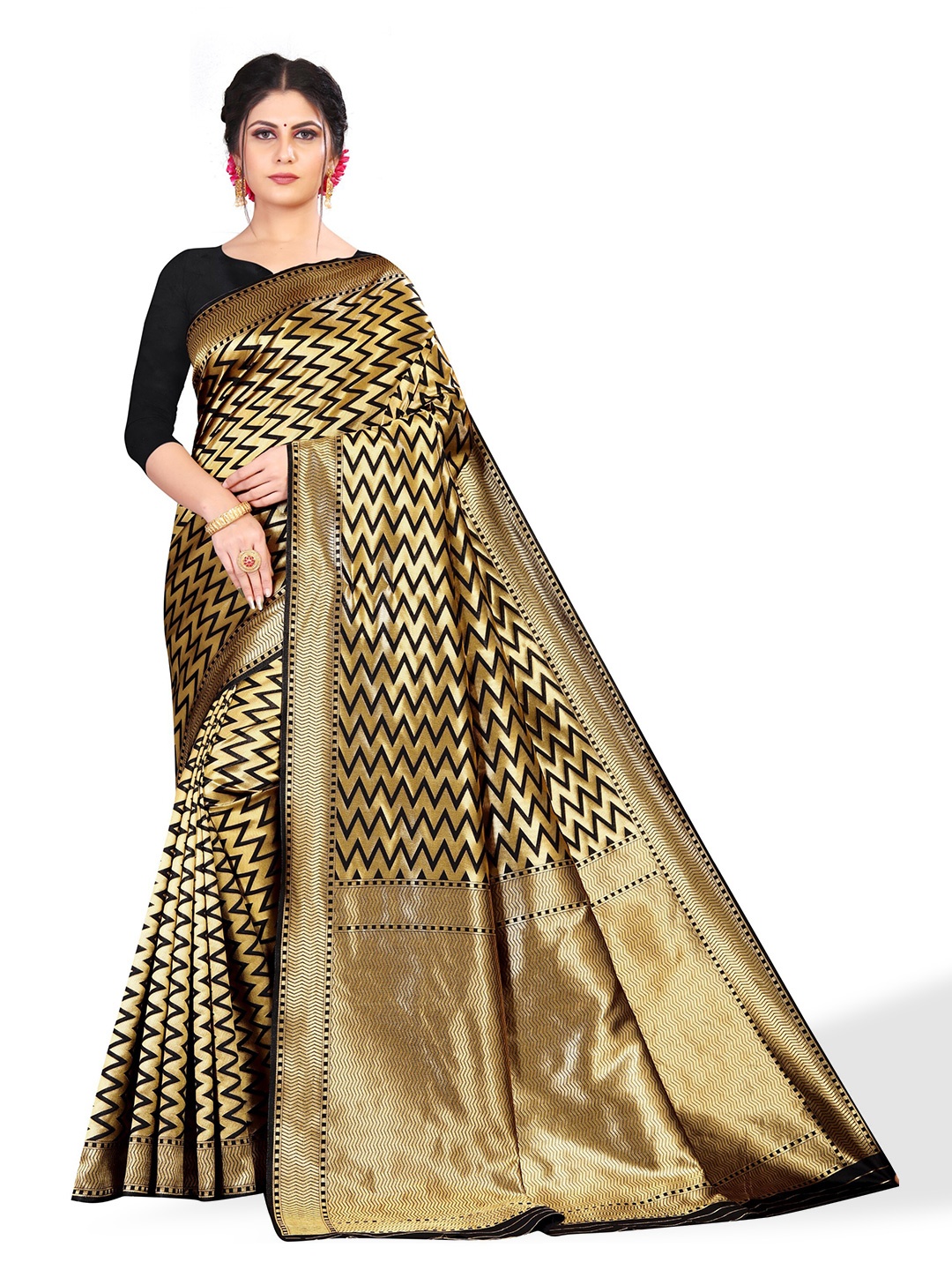 

ZEEPKART Geometric Woven Zari Kanjeevaram Saree, Black