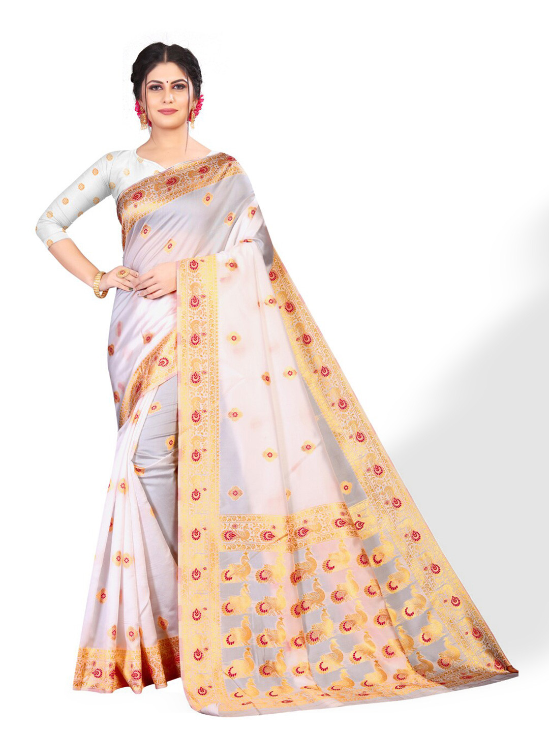 

ZEEPKART Woven Design Ethnic Motifs Zari Kanjeevaram Saree, White