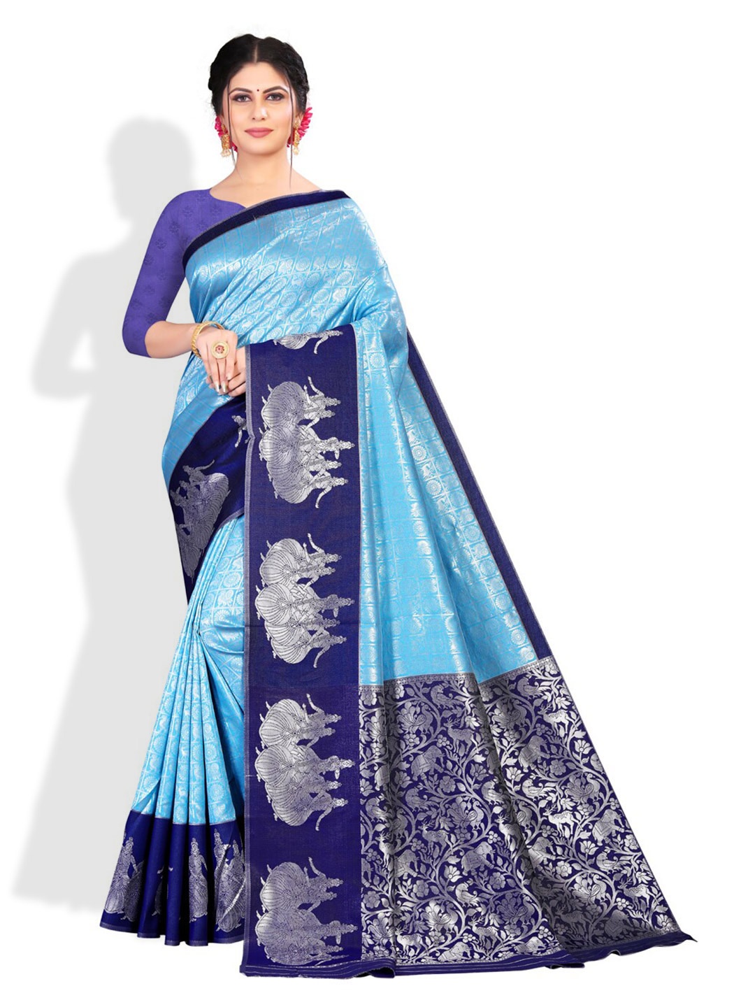 

ZEEPKART Silver-Toned Woven Design Zari Kanjeevaram Saree, Blue