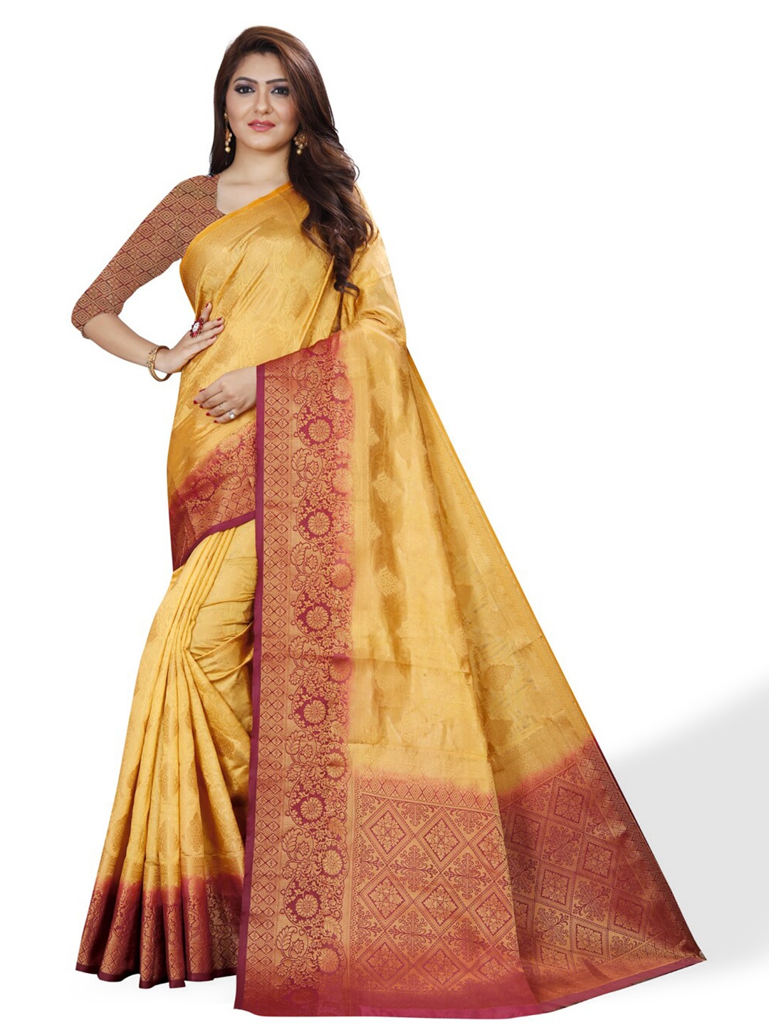 

ZEEPKART Ethnic Motifs Woven Design Zari Kanjeevaram Saree, Gold