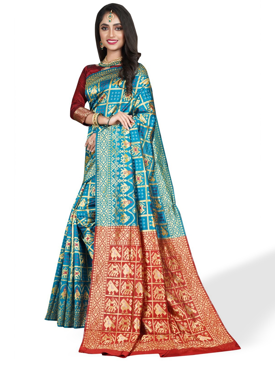 

ZEEPKART Ethnic Motifs Woven Design Zari Kanjeevaram Saree, Blue