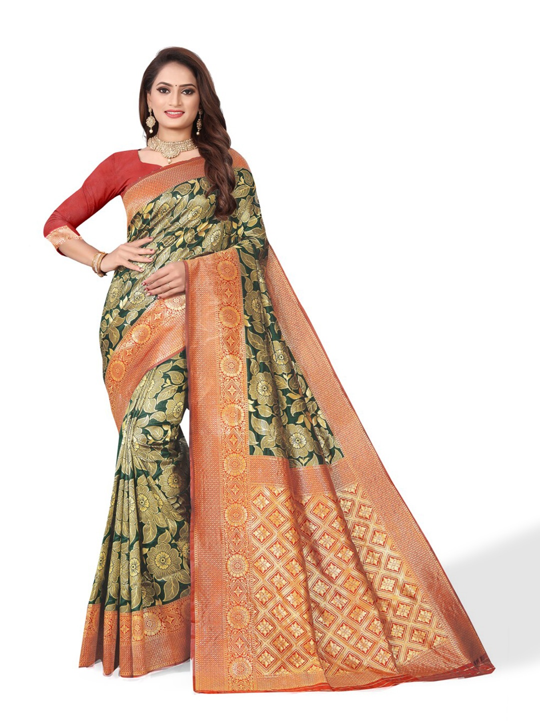

ZEEPKART Ethnic Motifs Woven Design Zari Kanjeevaram Saree, Green
