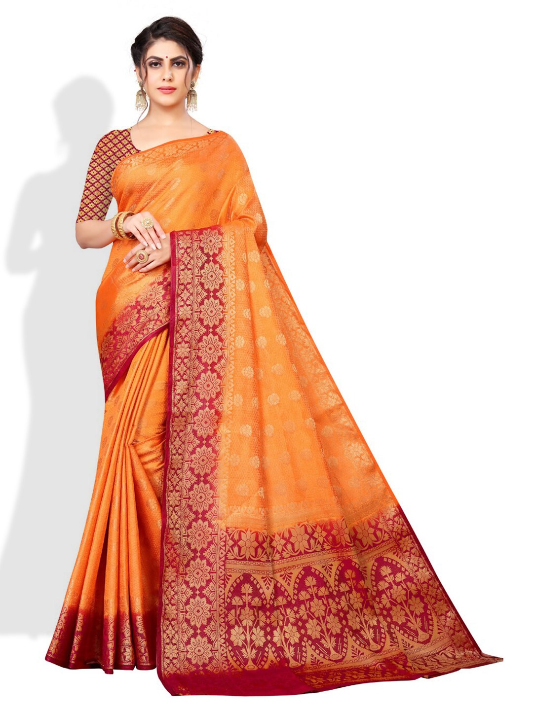 

ZEEPKART Floral Woven Design Zari Kanjeevaram Saree, Orange