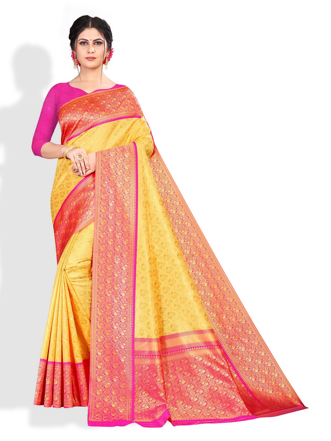 

ZEEPKART Ethnic Motifs Printed Woven Design Zari Kanjeevaram Saree, Gold