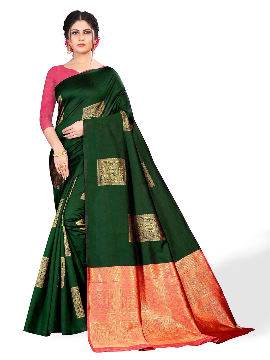 

ZEEPKART Ethnic Motifs Woven Design Zari Kanjeevaram Saree, Green