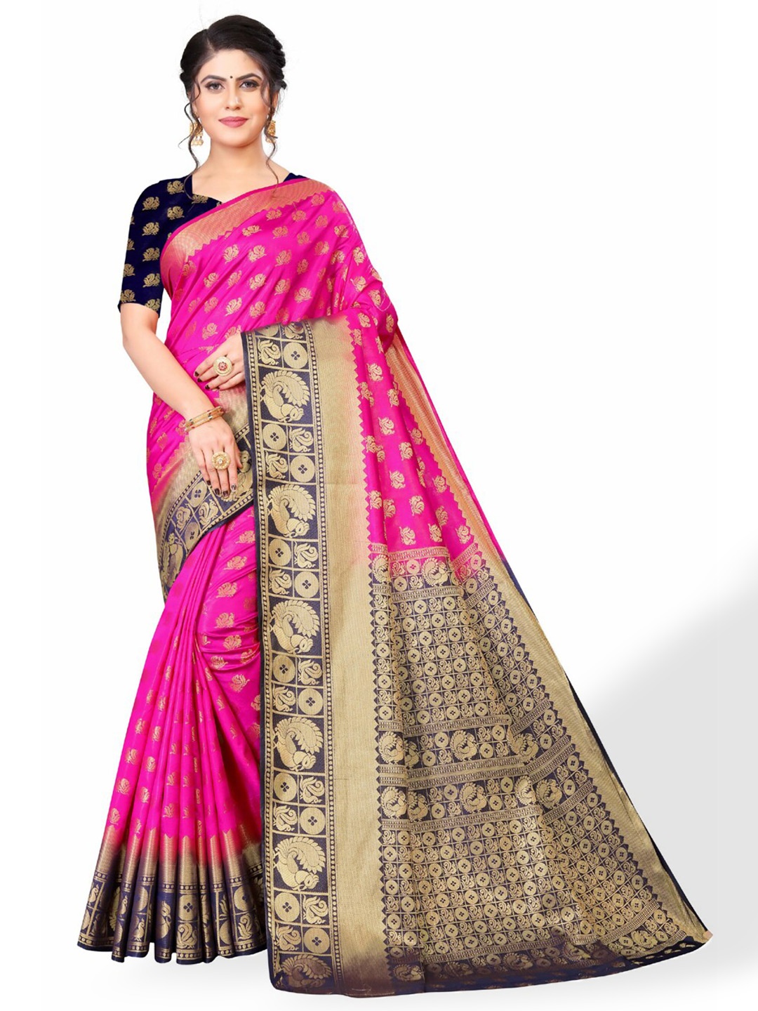 

ZEEPKART Ethic Motifs Woven Design Zari Kanjeevaram Saree, Pink