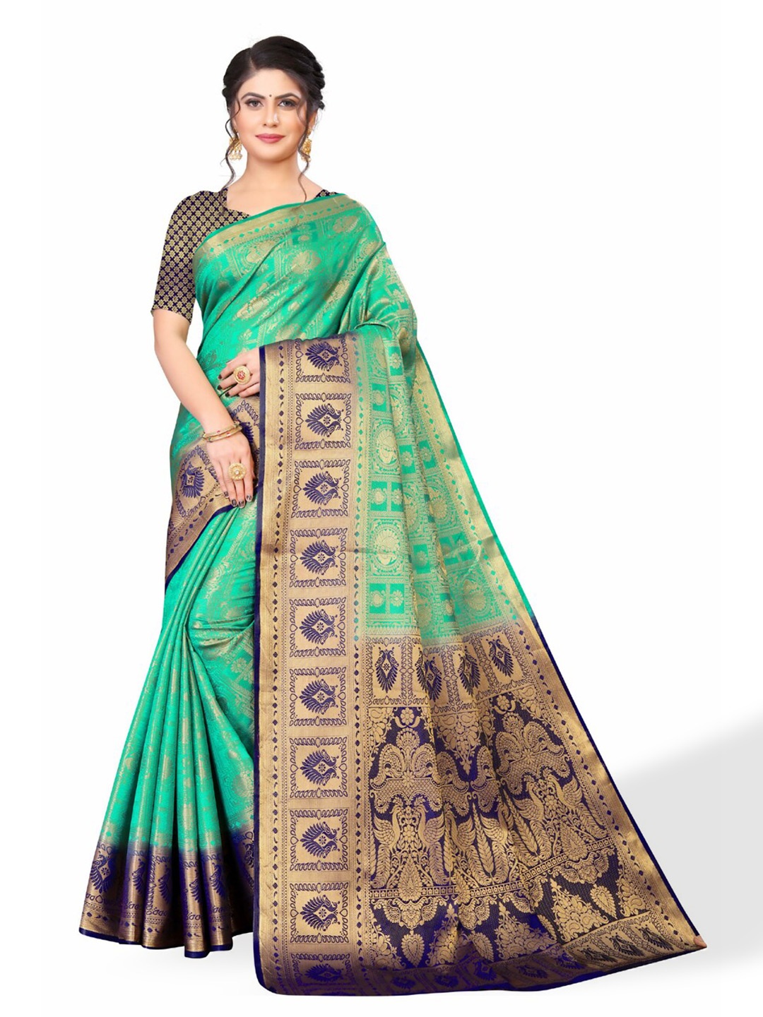 

ZEEPKART Ethnic Motifs Woven Design Zari Kanjeevaram Saree, Green