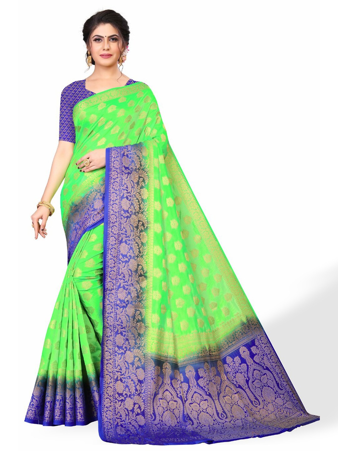 

ZEEPKART Ethnic Motifs Woven Design Zari Kanjeevaram Saree, Green