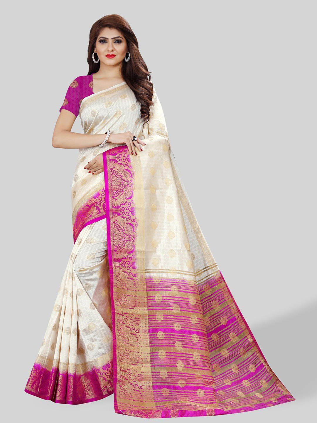 

ZEEPKART Ethnic Motifs Woven Design Zari Kanjeevaram Saree, White