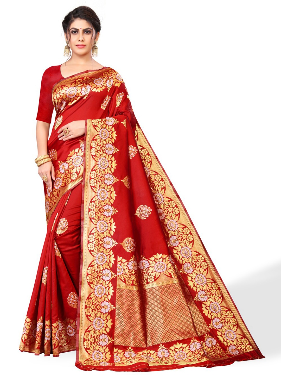 

ZEEPKART Ethnic Motifs Woven Design Zari Kanjeevaram Saree, Red