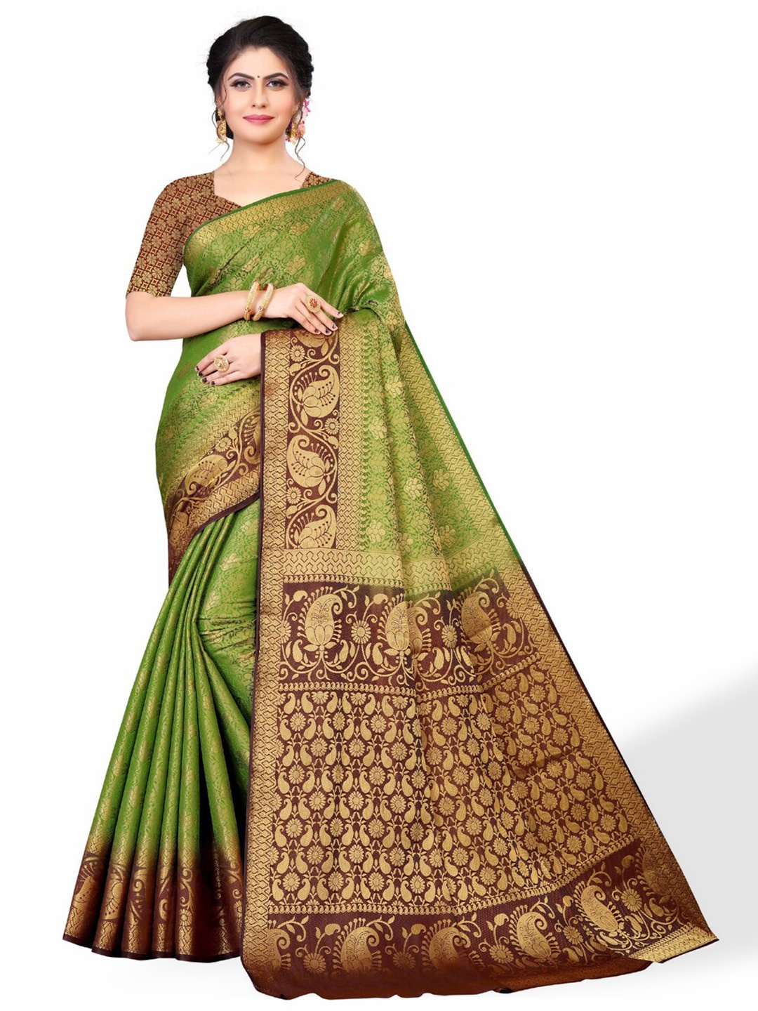 

ZEEPKART Ethnic Motifs Woven Design Zari Kanjeevaram Saree, Green