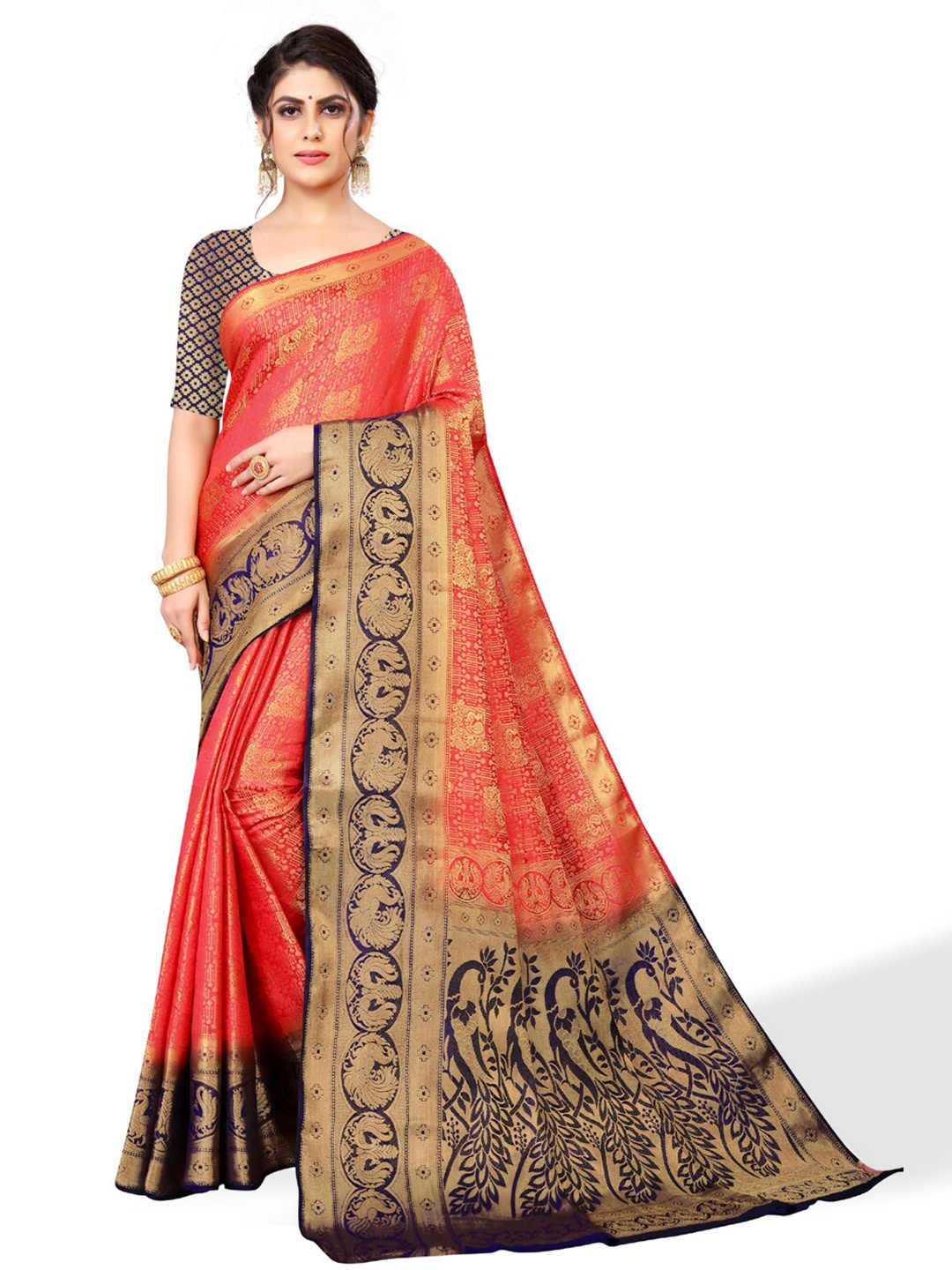 

ZEEPKART Ethnic Motifs Woven Design Zari Kanjeevaram Saree, Pink