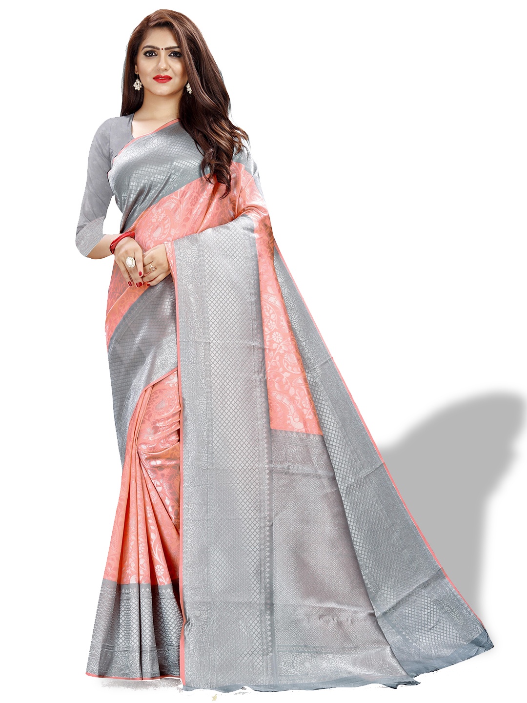 

ZEEPKART Ethnic Motif Kanjeevaram Poly Silk Zari Saree, Grey