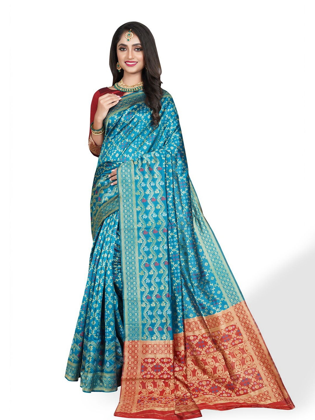 

ZEEPKART Floral Printed Poly Silk Kanjeevaram Saree, Blue