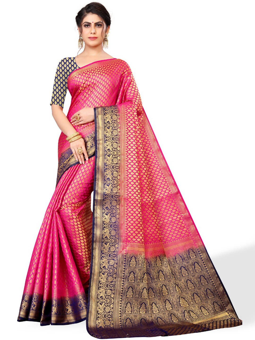 

ZEEPKART Ethnic Motifs Woven Design Zari Kanjeevaram Saree, Pink