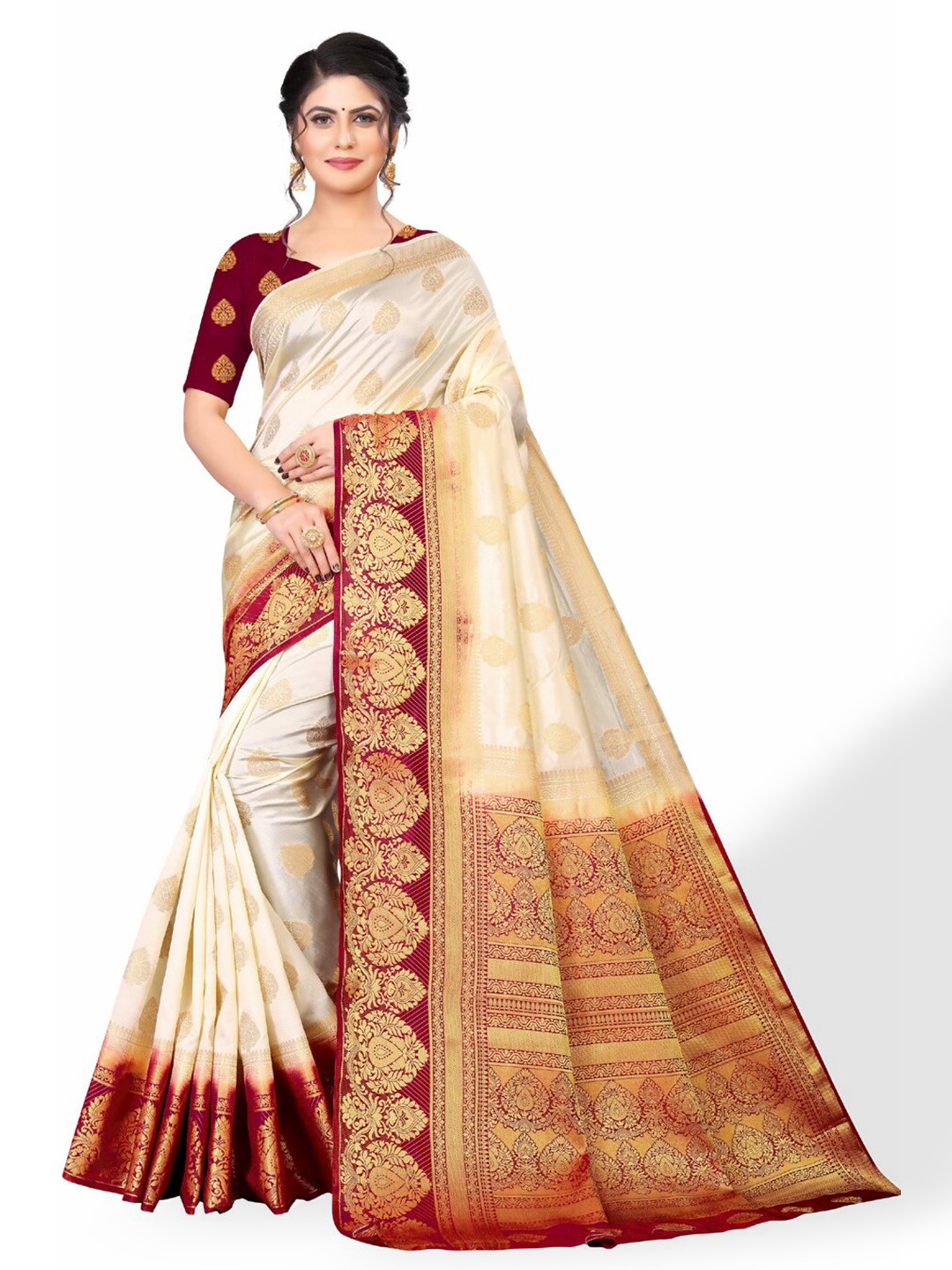 

ZEEPKART Ethnic Motifs Printed Woven Design Zari Kanjeevaram Saree, White