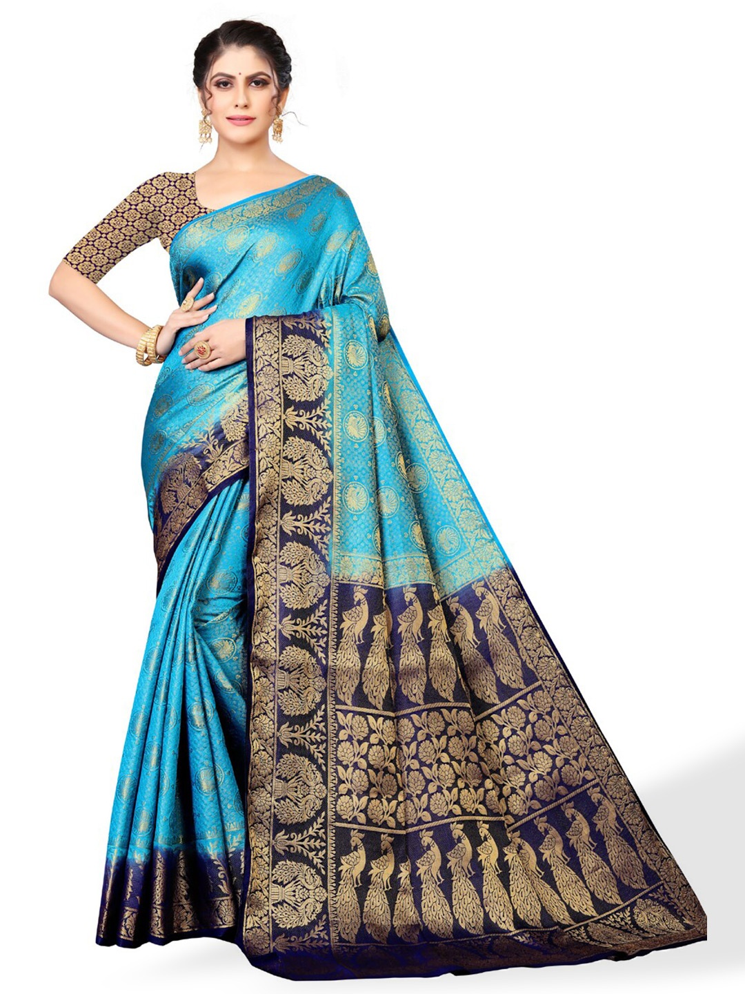 

ZEEPKART Ethnic Motifs Woven Design Zari Kanjeevaram Saree, Blue