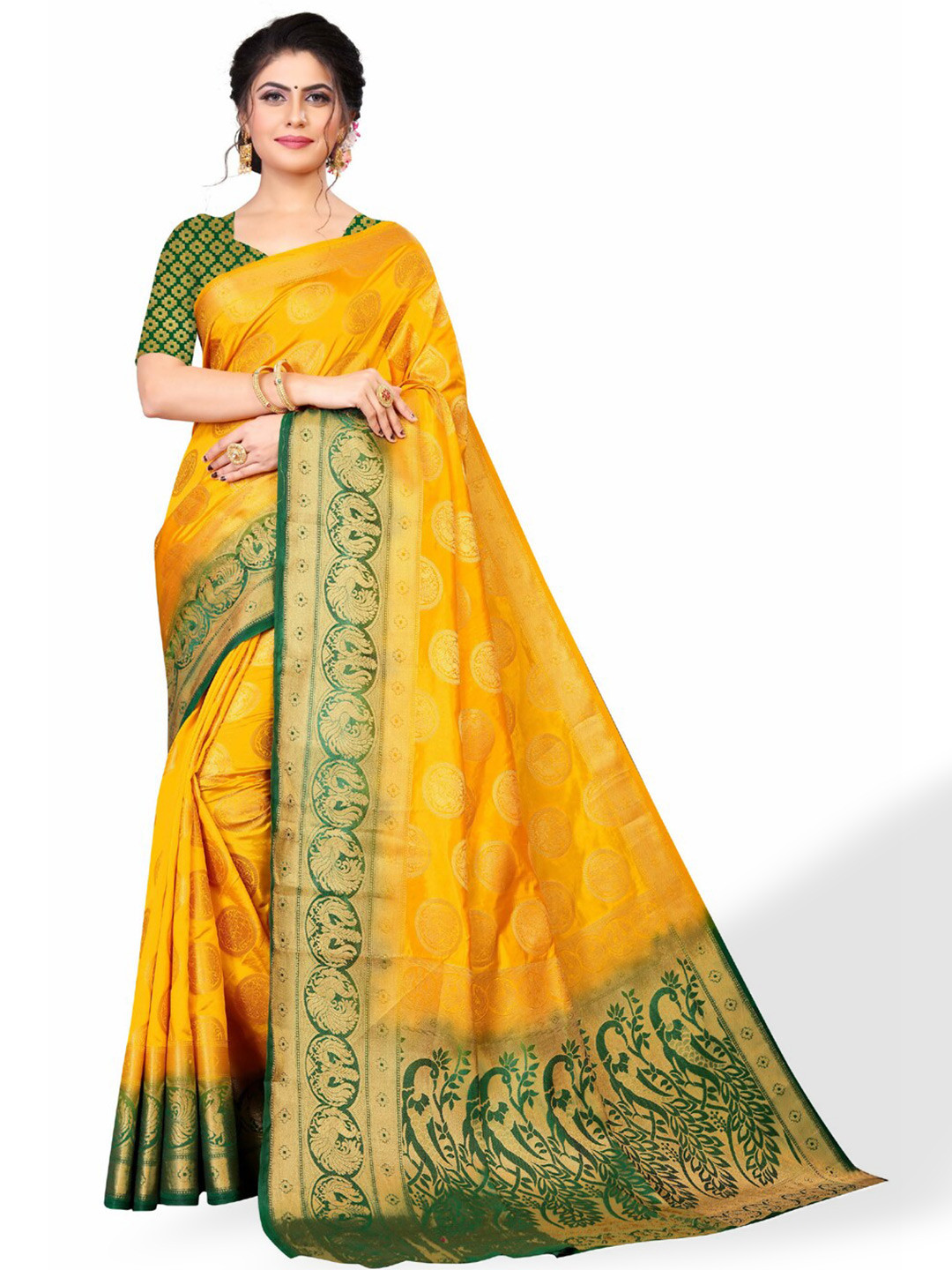 

ZEEPKART Ethnic Motifs Woven Design Zari Kanjeevaram Saree, Orange