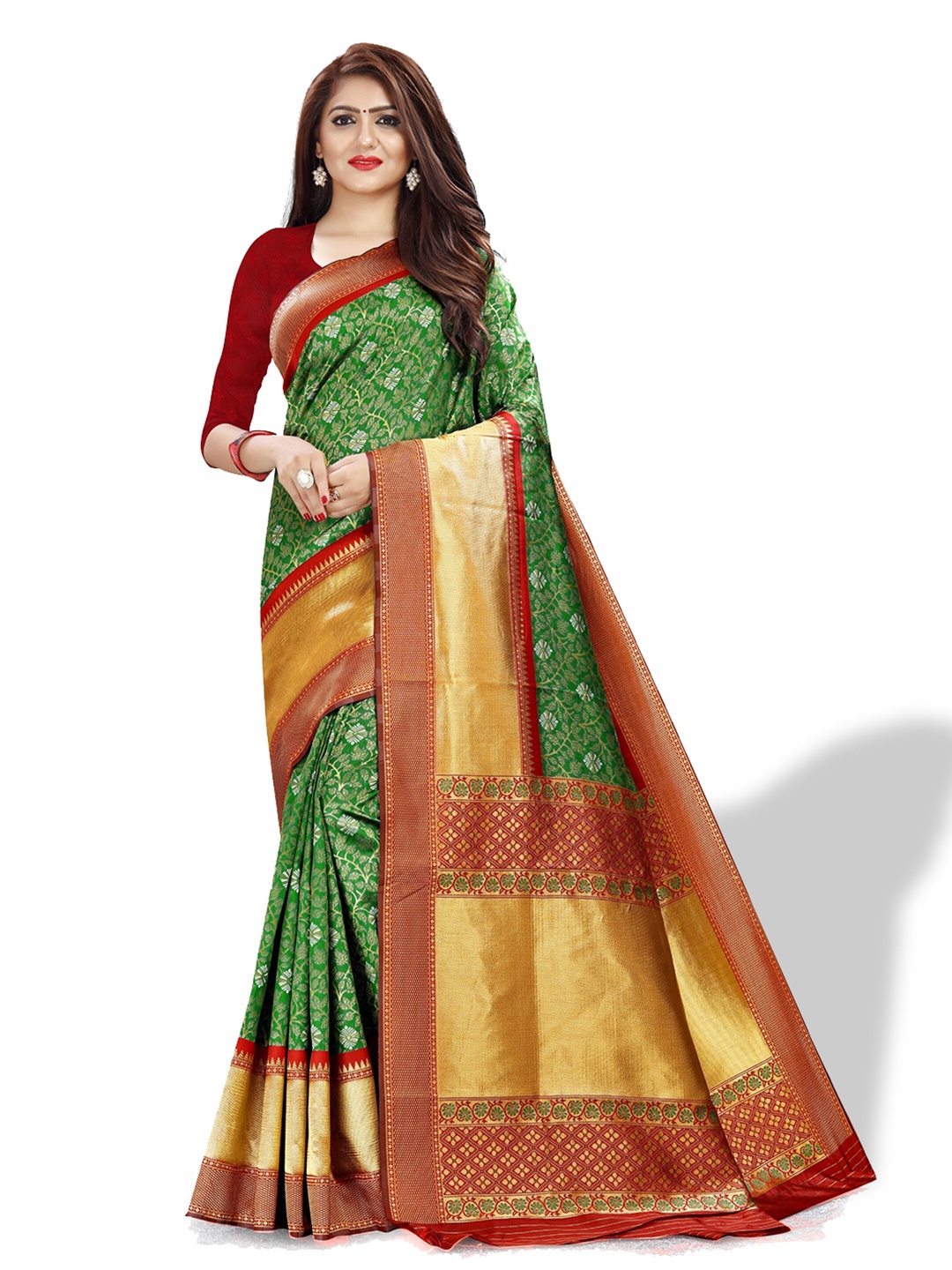 

ZEEPKART Ethnic Motifs Woven Design Zari Kanjeevaram Saree, Green