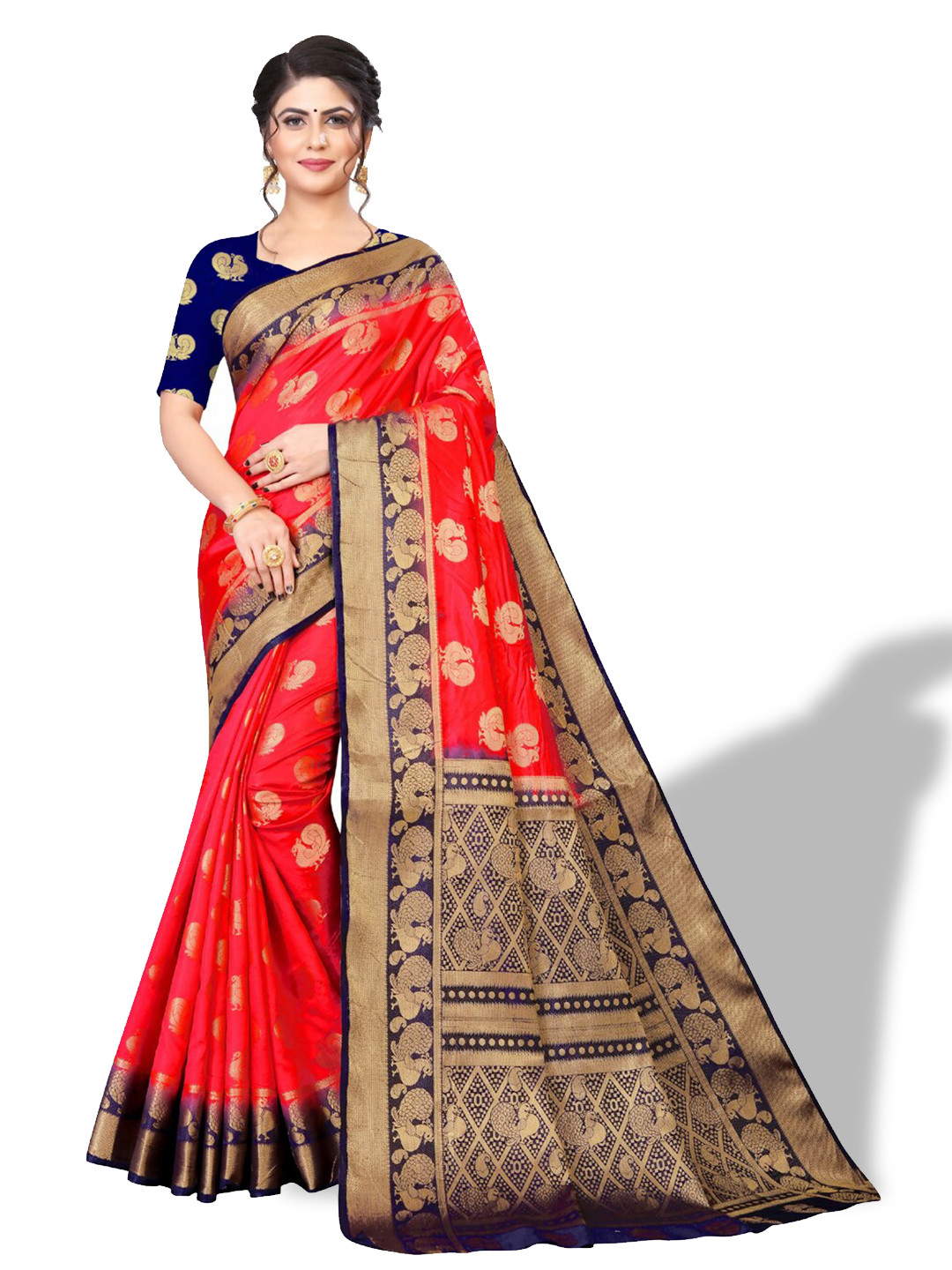 

ZEEPKART Ethnic Motifs Woven Design Zari Kanjeevaram Saree, Red