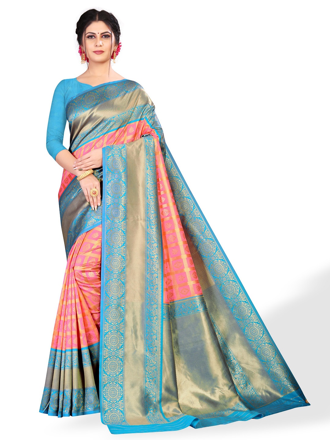 

ZEEPKART Geometric Woven Design Zari Kanjeevaram Saree, Blue