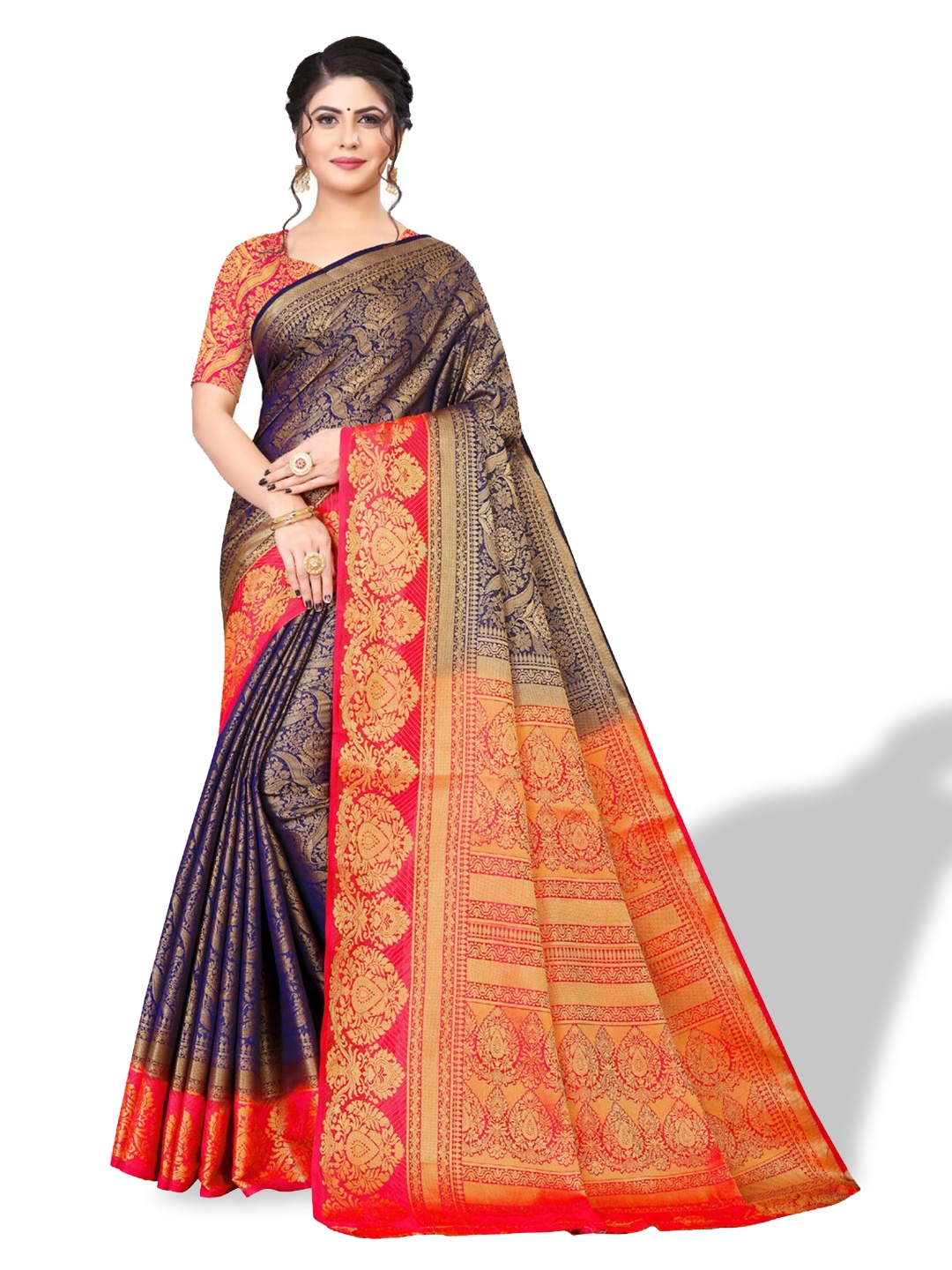 

ZEEPKART Ethnic Motifs Woven Design Zari Kanjeevaram Saree, Blue