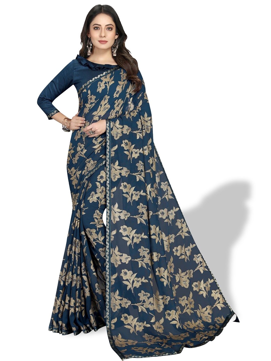 

ZEEPKART Floral Printed Woven Design Zari Kanjeevaram Saree, Blue