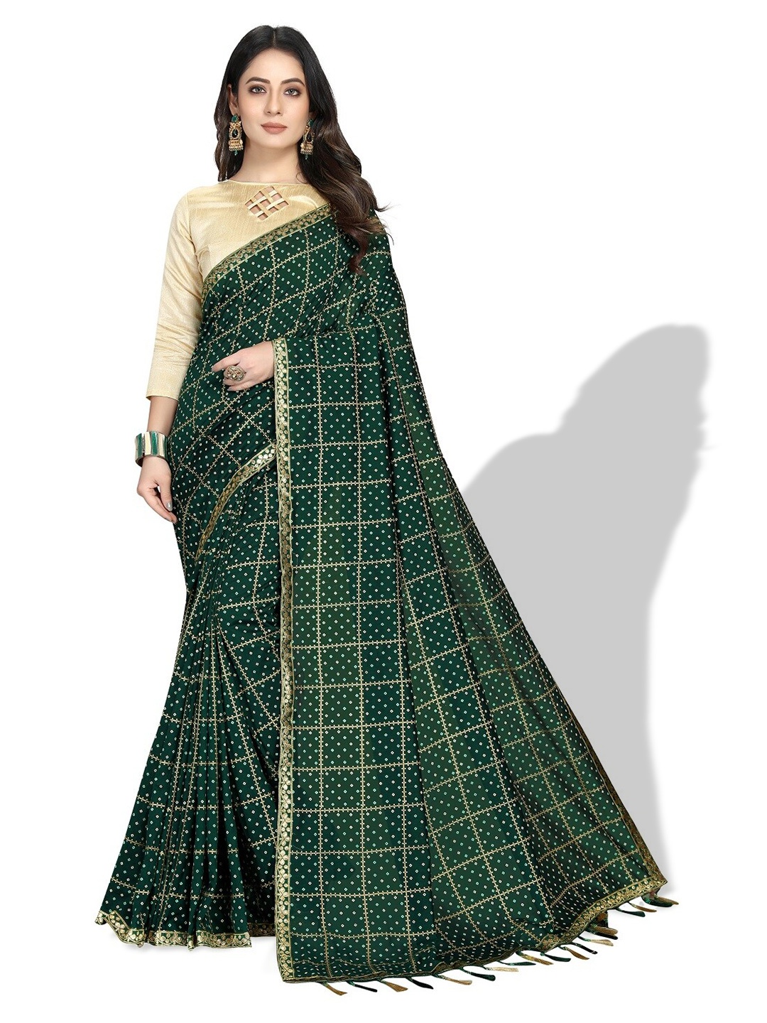

ZEEPKART Bandhani Zari Poly Silk Saree, Green