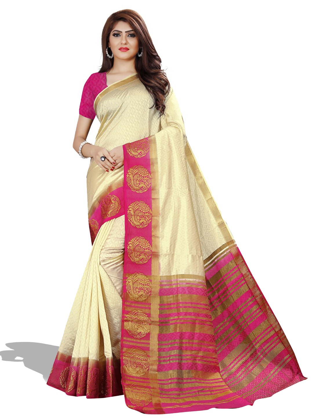 

ZEEPKART Ethnic Woven Design Zari Kanjeevaram Saree, Cream