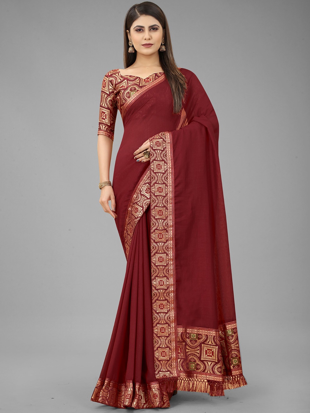 

ZEEPKART Printed Poly Silk Kanjeevaram Saree, Maroon