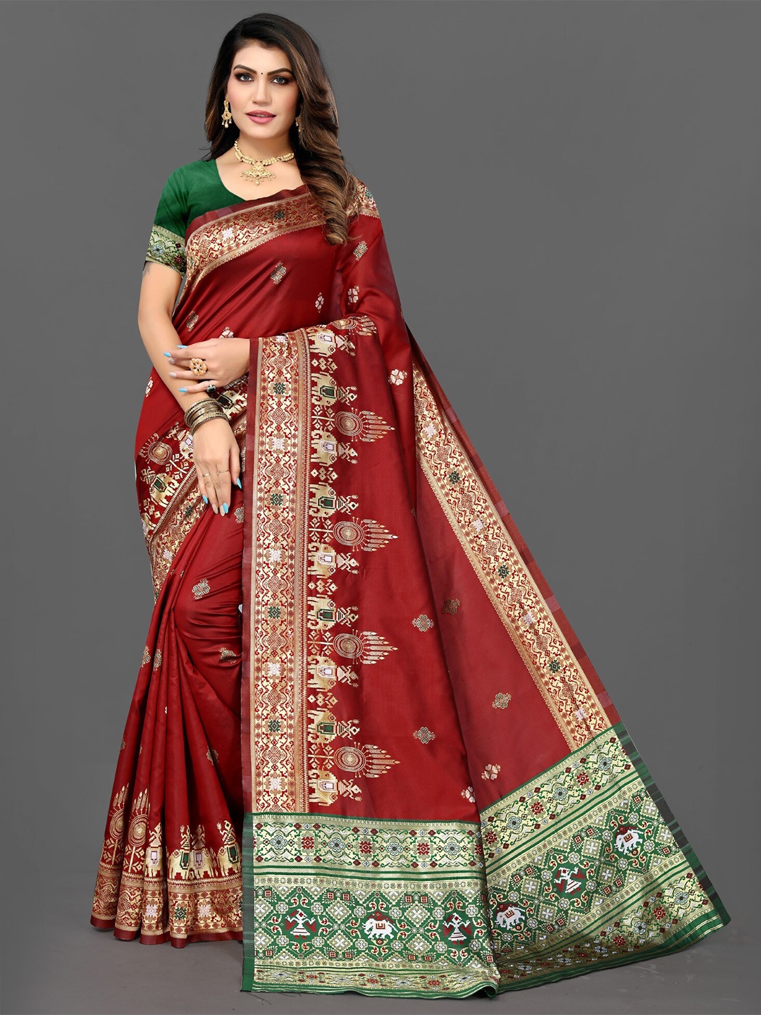 

ZEEPKART Ethnic Motifs Woven Design Zari Kanjeevaram Saree, Maroon