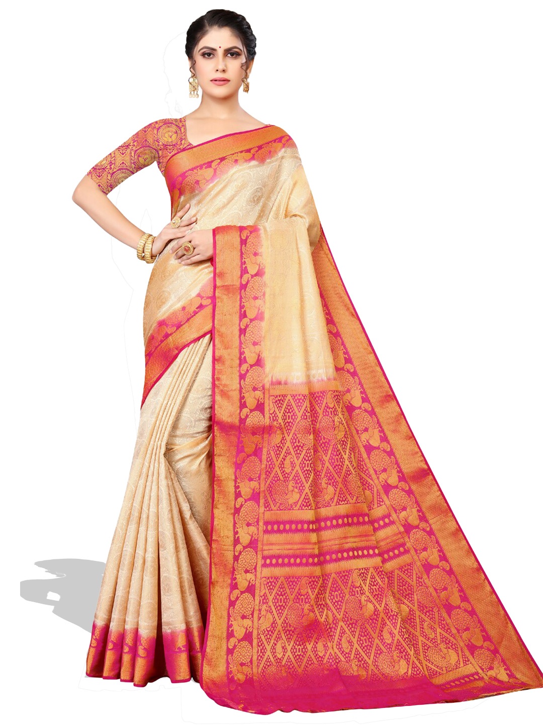 

ZEEPKART Ethnic Motifs Woven Design Zari Kanjeevaram Saree, White