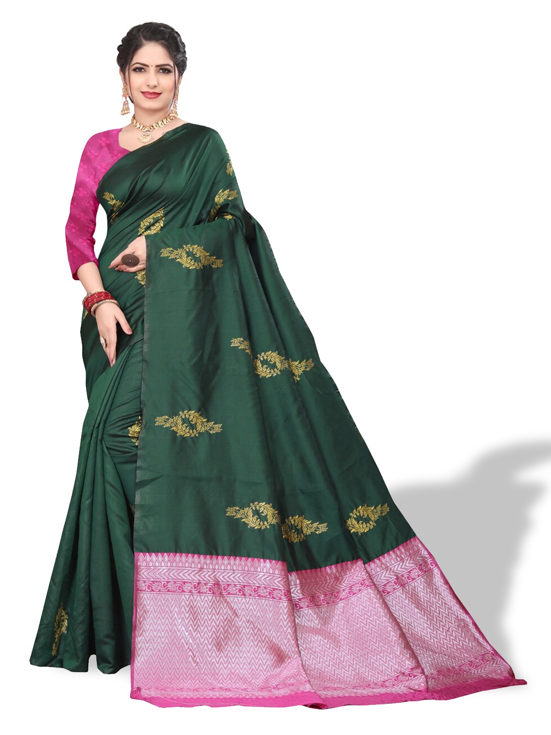 

ZEEPKART Ethnic Motifs Woven Design Zari Kanjeevaram Saree, Green