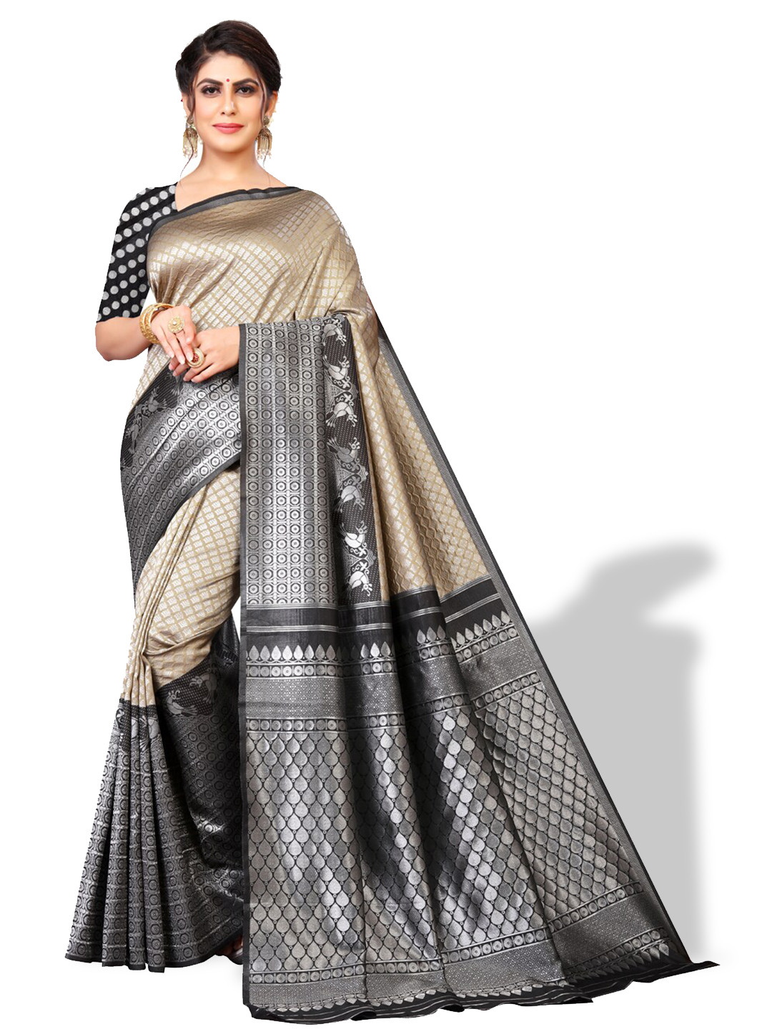 

ZEEPKART Ethnic Motifs Kanjeevaram Zari Saree, Cream