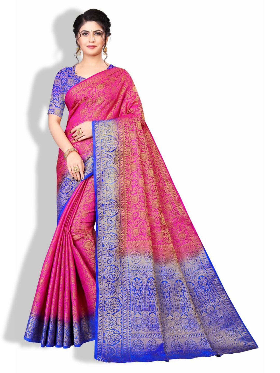

ZEEPKART Ethnic Motif Kanjeevaram Poly Silk Zari Saree, Pink