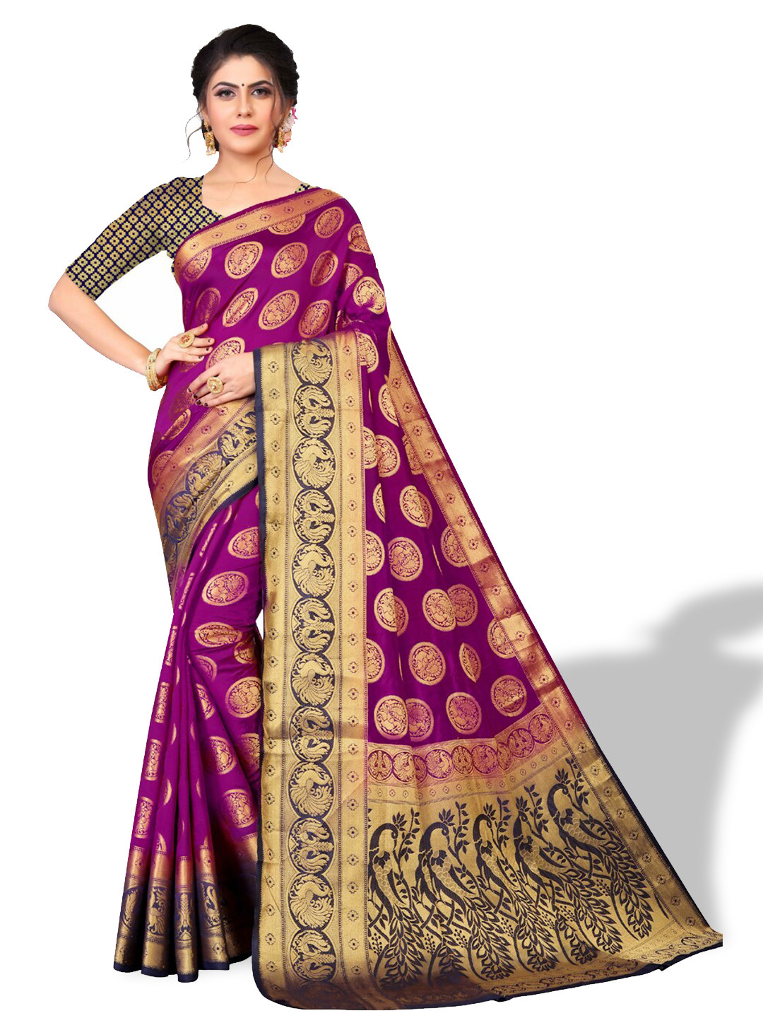 

ZEEPKART Ethnic Motifs Woven Design Zari Kanjeevaram Saree, Purple