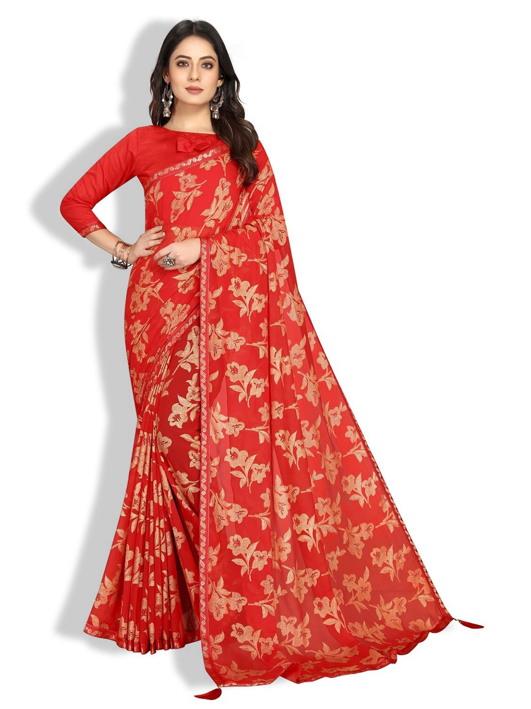 

ZEEPKART Floral Printed Border Saree, Red