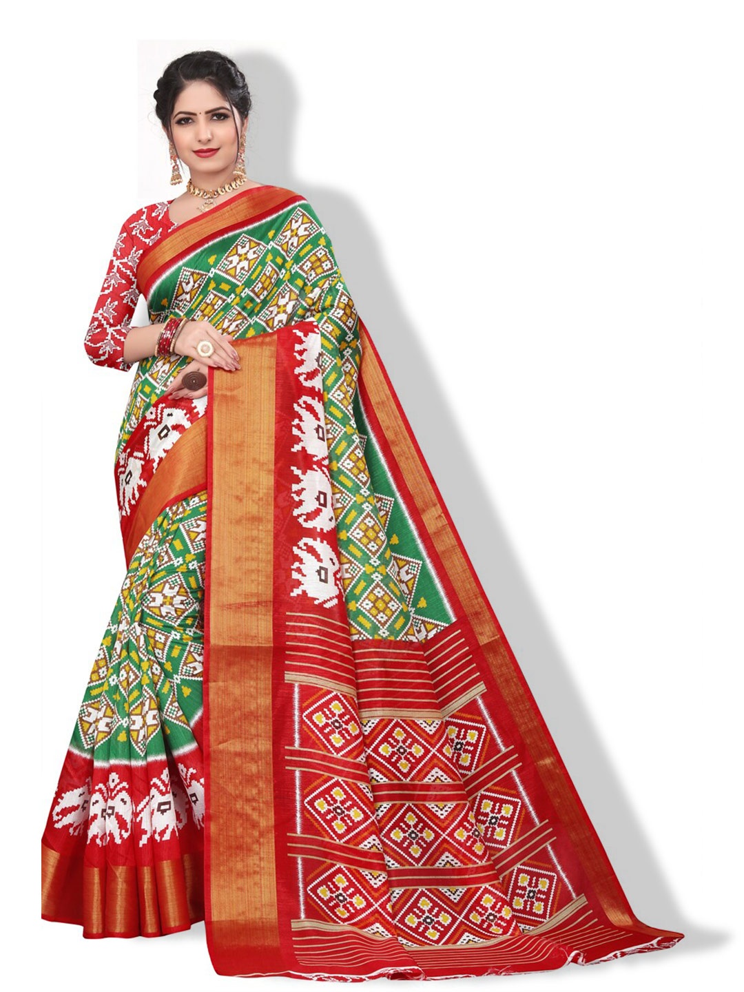 

ZEEPKART Ethnic Motifs Printed Zari Ikat Saree, Red
