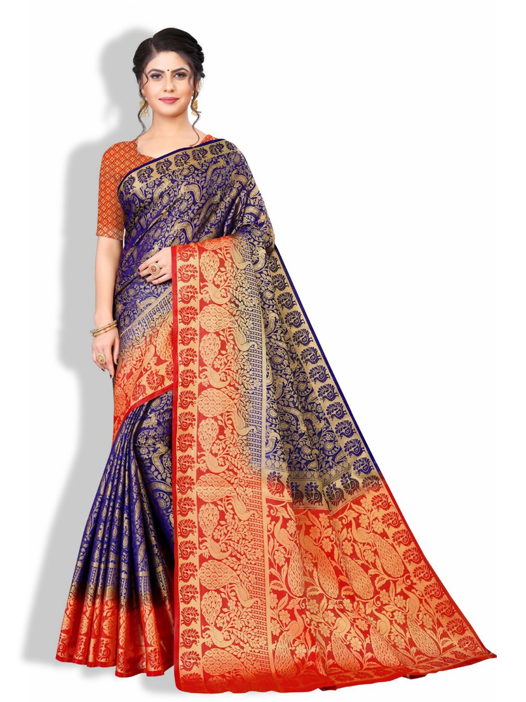 

ZEEPKART Ethnic Motif Woven Design Zari Kanjeevaram Saree, Blue