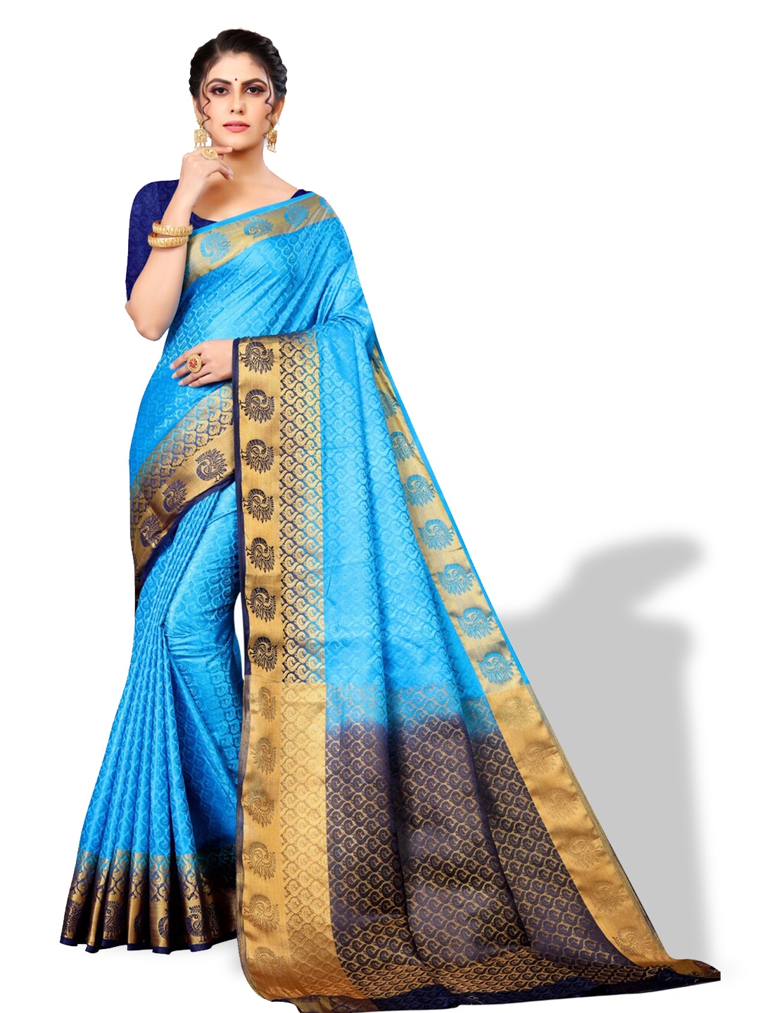 

ZEEPKART Ethnic Motifs Woven Design Zari Kanjeevaram Saree, Blue