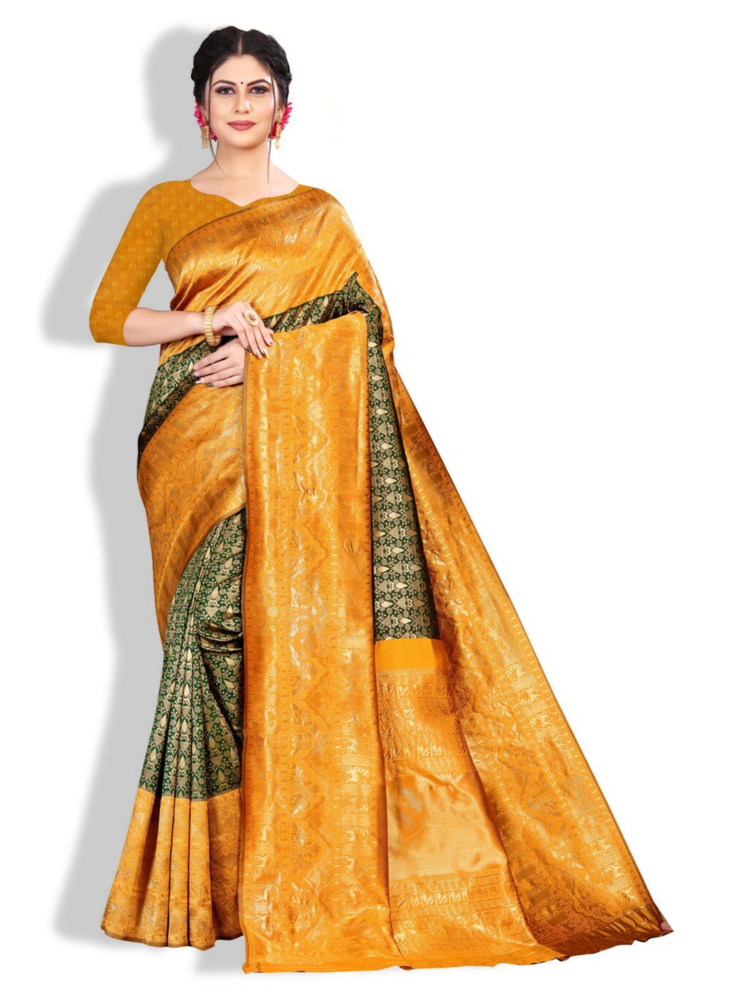 

ZEEPKART Ethnic Motifs Woven Design Zari Kanjeevaram Saree, Mustard