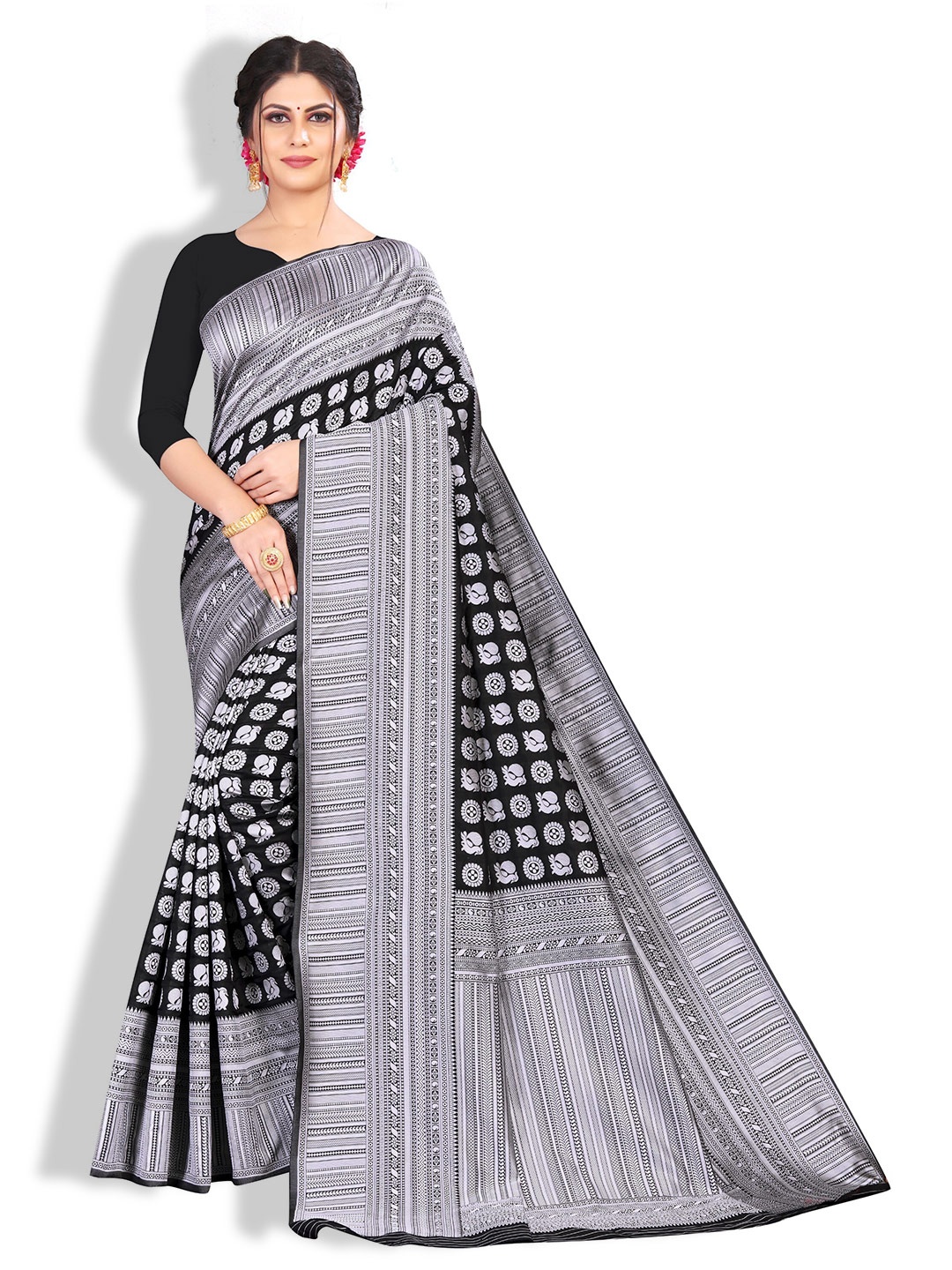 

ZEEPKART Ethnic Motifs Woven Design Zari Kanjeevaram Saree, Black