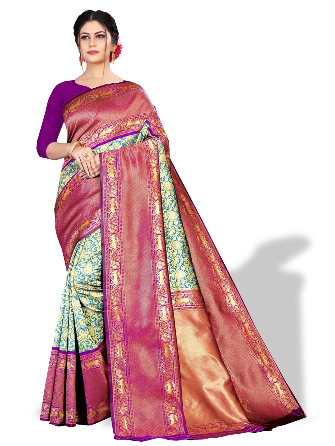 

ZEEPKART Ethnic Motifs Printed Woven Design Zari Kanjeevaram Saree, Green