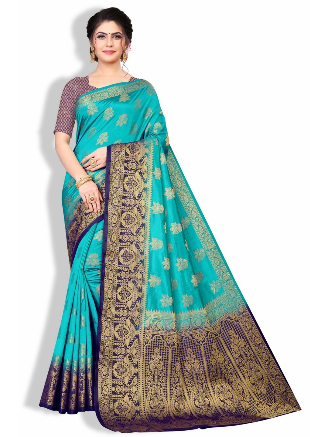 

ZEEPKART Ethnic Motifs Woven Design Zari Kanjeevaram Saree, Blue